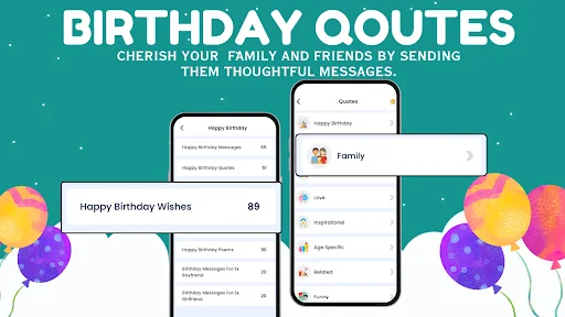 Birthday Quotes feature in Birthday Video Maker showing thoughtful message categories including Family, Love, Inspirational, and Funny wishes