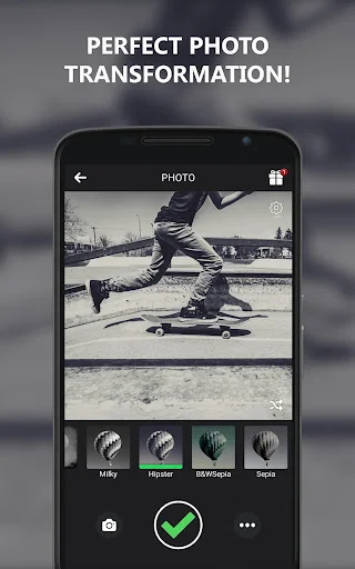 Black and White Camera app transforming skateboard photo - Milky, Hipster, B&W Grayscale, Sepia filters