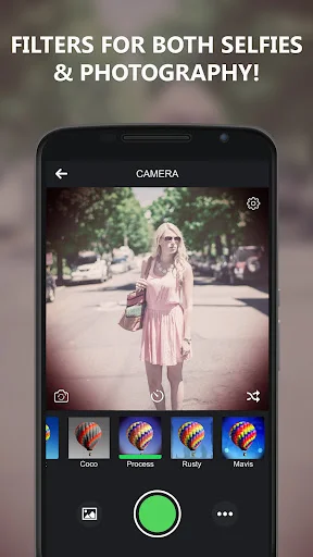 Camera Effects app showing woman's selfie with vintage filter applied, displaying color filter options like Coco, Picasso, Ruby, Matrix, and capture button