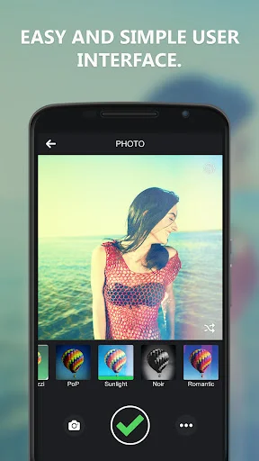 Phone screen displaying beach photo with warm sunset filter applied, showing easy-to-use filter selection bar and simple photo editing controls