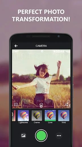 Photo filter editor showing child in field with dramatic vintage effect, featuring creative filter options like Lightrooms, Creama, Love, and Vivid