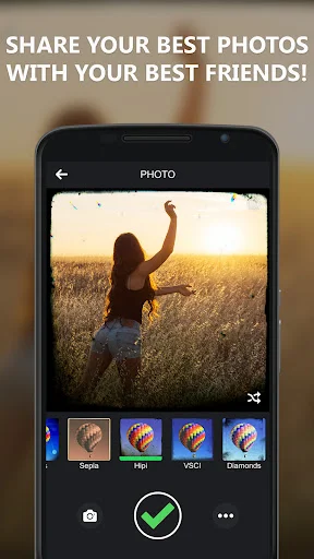 Camera Effects app displaying golden sunset field photo with warm tone filter, showing color filter selection and share controls for social media