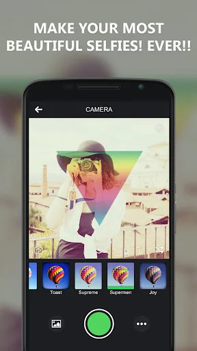 Selfie editor app showing face with vibrant colorful geometric filter overlay, featuring creative selfie enhancement filters like Toshi, Suprema, Superman, Joy