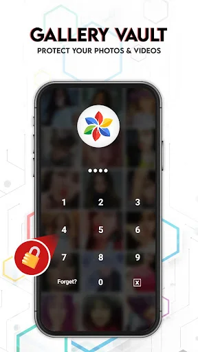 Gallery vault PIN lock screen protecting photos and videos with secure password entry interface