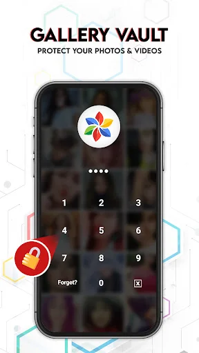 Gallery vault security screen with PIN code entry to protect and hide private photos and videos