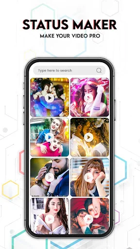 Status maker tool showing colorful video thumbnails in grid for creating professional social media posts