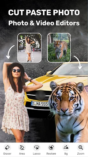 Cut Paste Photo editor showing AI background removal feature combining woman and tiger photos with car