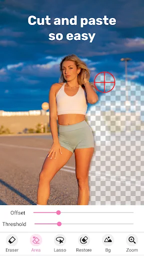 Photo editor demonstrating easy cut and paste with background removal on woman's photo using threshold tools