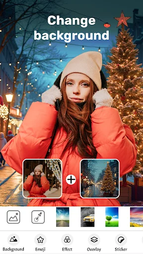 Change background feature in photo editor showing woman in winter scene with Christmas tree backgrounds
