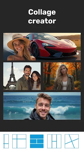 Collage creator tool displaying multiple photo layouts with travel and lifestyle images in grid format