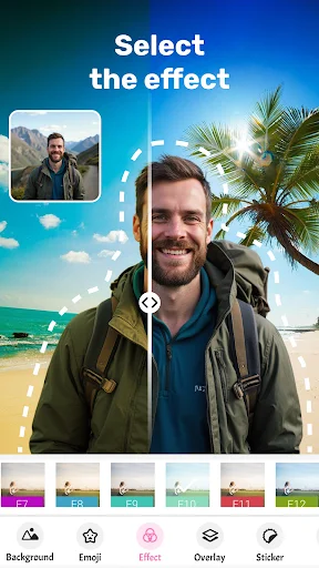 Photo editor effect selection screen showing hiker composited onto tropical beach background scene