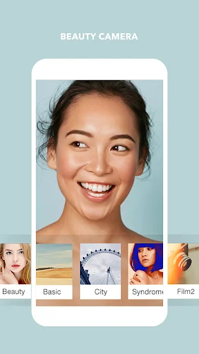 Beauty Camera with portrait filter selection: Beauty, Basic, City, Syndrom, Film2 effects for mobile photo editing
