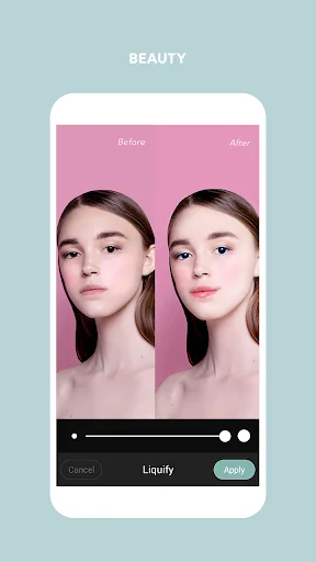 Before and after beauty filter comparison with liquify slider to adjust facial enhancement effects