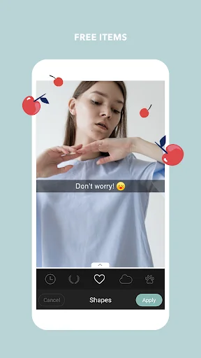 Photo editor stickers and shapes overlay tool with decorative elements like apples for adding designs to photos