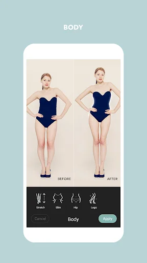 Body editing tool with before and after view to adjust and enhance body shape in portrait photos
