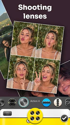 Cymera Shooting Lenses feature showing grid of photos with multiple camera lens and action filter options