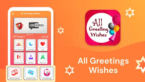 Daily Greetings Wishes app home screen showing greeting card categories like Good Morning, Birthday, and celebrations with colorful icons