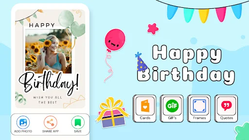 Birthday greeting card maker with photo placeholder, decorative elements, and buttons to customize, share, save, and access quotes