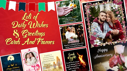 Multiple greeting card templates with frames for birthdays, anniversaries, and celebrations with customizable photo areas