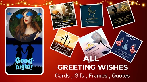 All Greeting Wishes cards collection featuring Good Night, religious, and occasion cards with decorative designs and GIFs