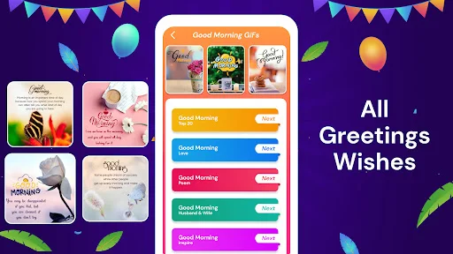 Good Morning GIFs and greeting cards collection with colorful category options and thumbnail previews on purple background