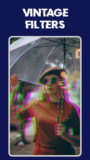 Vintage filters feature showing woman with umbrella edited with colorful retro glitch effects