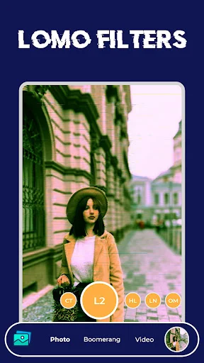 Lomo filters L2 preset applied to vintage street scene with photo and video mode options