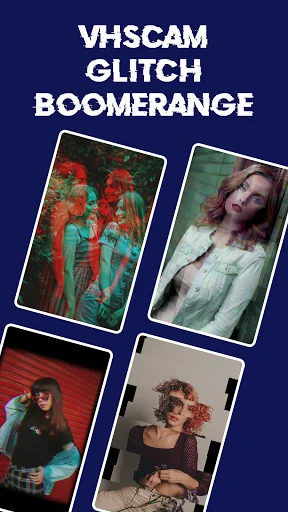 VHS cam glitch boomerang gallery showcasing four photos with vintage analog video effects