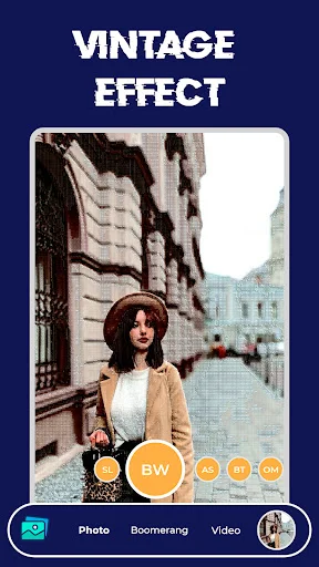 Vintage effect editor with street photography showing BW filter option and mode switcher