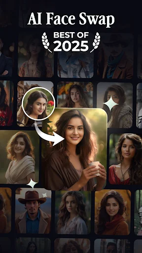 AI Face Swap app awarded Best of 2025, featuring grid layout of photos showcasing face swap technology with highlighted faces and swap preview