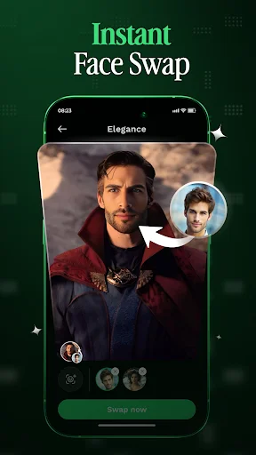 Instant face swap interface showing man's photo with circular preview of target face and green Swap now button on mobile app