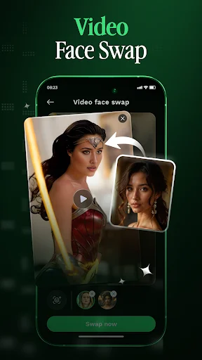 Video face swap feature displaying woman video with circular face preview overlay and play button, ready to swap faces in videos