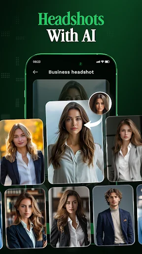 AI headshots generator screen showing mobile interface with professional business headshots and multiple AI-generated variations of woman