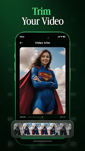 Video trim tool displaying woman in Superman costume with timeline slider and frame preview for editing and trimming videos