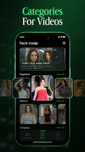 Video categories interface showing Face swap, Fashion, Dance, and Cosplay video templates with multiple example images and View all options