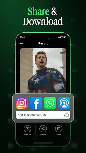 Share and download result screen showing face-swapped photo with Instagram, Facebook, WhatsApp, Snapchat share buttons and save option