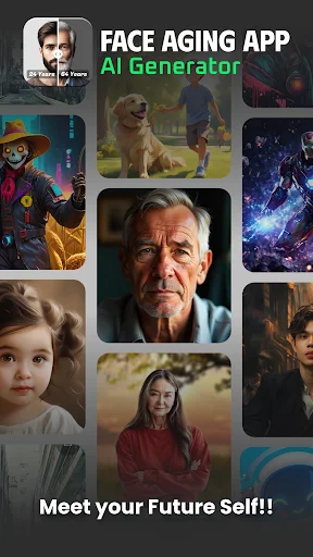 Face Aging App AI Generator home screen showing grid of aged face transformations with Meet your Future Self tagline