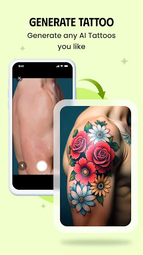 Generate Tattoo AI feature creating custom tattoo designs with colorful flowers and roses using artificial intelligence
