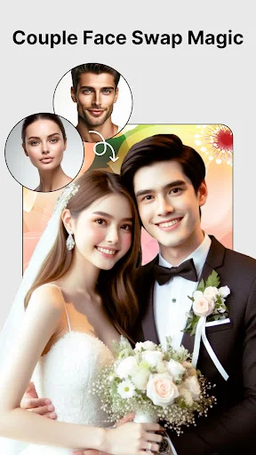 Couple Face Swap Magic interface swapping two faces onto bride and groom in wedding attire with white flowers bouquet