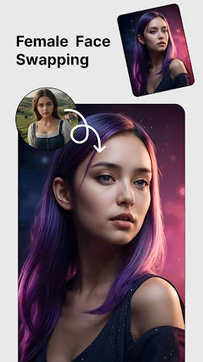 Female Face Swapping app screen showing woman with purple pink hair and source face transformation feature active