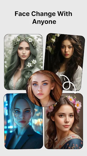Face Change With Anyone displaying four different face swap result options with various portrait transformations shown