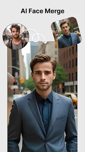AI Face Merge feature showing two source profile faces merged into single male portrait with urban background setting