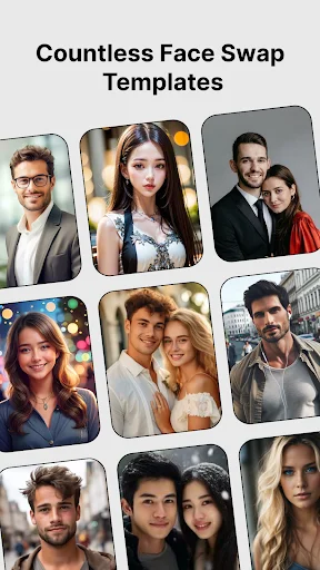 Countless Face Swap Templates grid displaying nine different AI face swap template options featuring various poses, genders, and couple combinations
