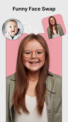 Funny Face Swap editor showing circular source face selectors and smiling girl preview on pink background for humorous face swapping