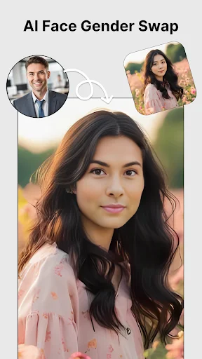 AI Face Gender Swap feature with gender transformation preview showing original male profile and female result with long dark hair