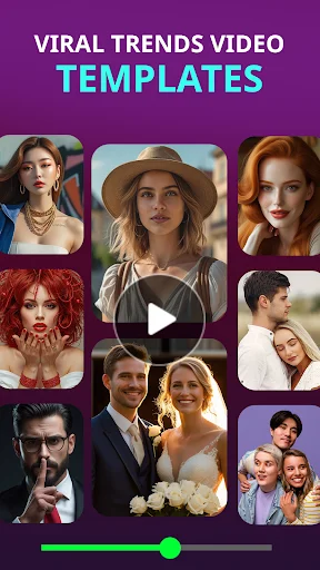Viral trend video templates gallery showing multiple face swap options with carousel slider and different avatar styles