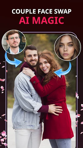 Couple face swap AI magic feature with circular face selections and swapping arrows for creative couple avatar creation