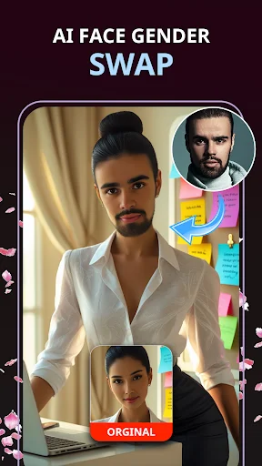 AI gender swap face transformation tool with original face photo selection and swapped result preview for avatar editing