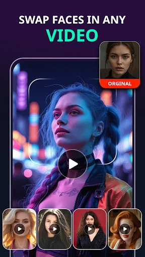 Face swap any video editor with neon effects, original photo selection, multiple face swap transformations