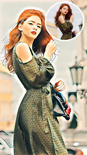 Cartoon photo editor showing woman in dress transformed into artistic cartoon with original photo preview inset